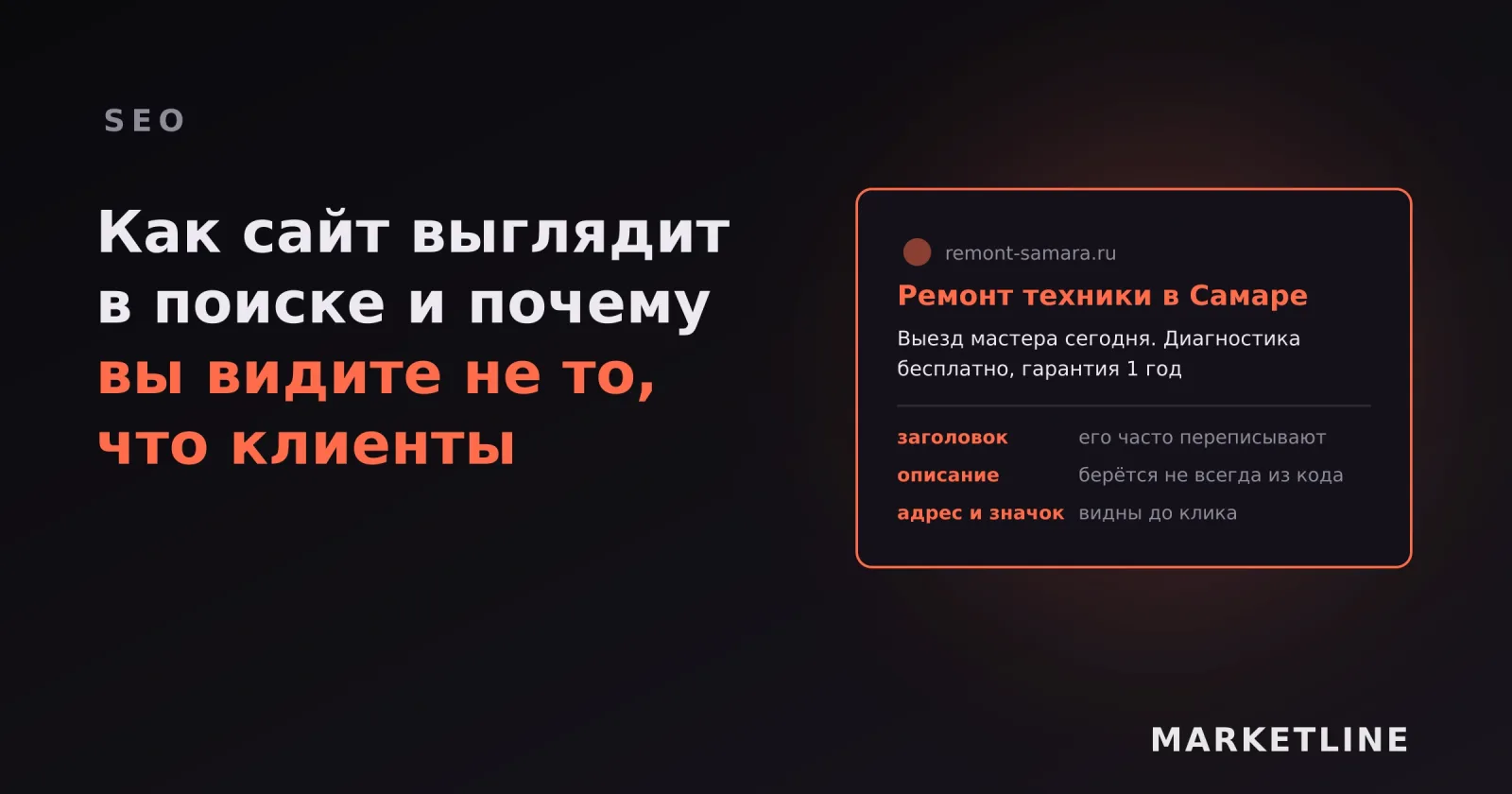 Сниппет сайта в выдаче с разбором частей: заголовок, описание, адрес и значок