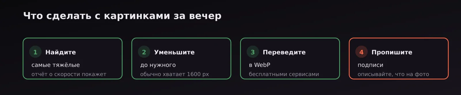 Четыре шага работы с картинками: найти тяжёлые, уменьшить, перевести в WebP, прописать подписи