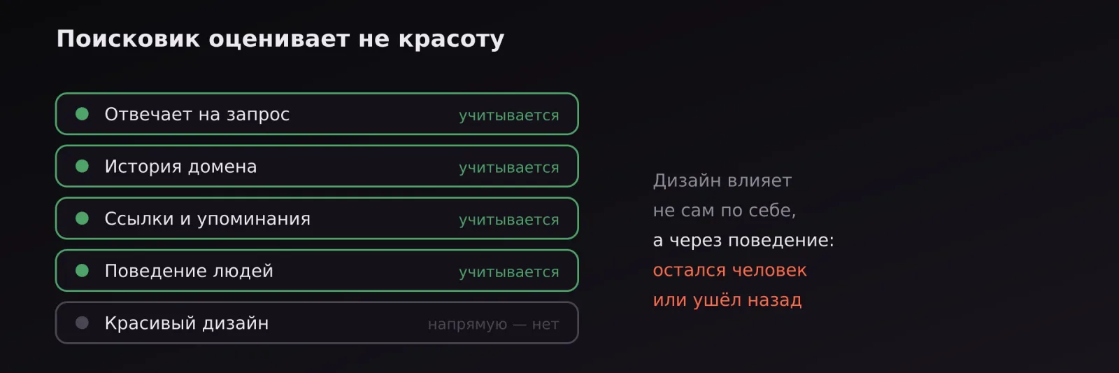 Список факторов ранжирования: соответствие запросу, история домена, ссылки и поведение учитываются, дизайн напрямую — нет