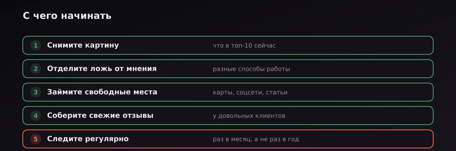 Пять шагов работы с репутацией: снять картину, отделить ложь от мнения, занять места, собрать отзывы, следить регулярно