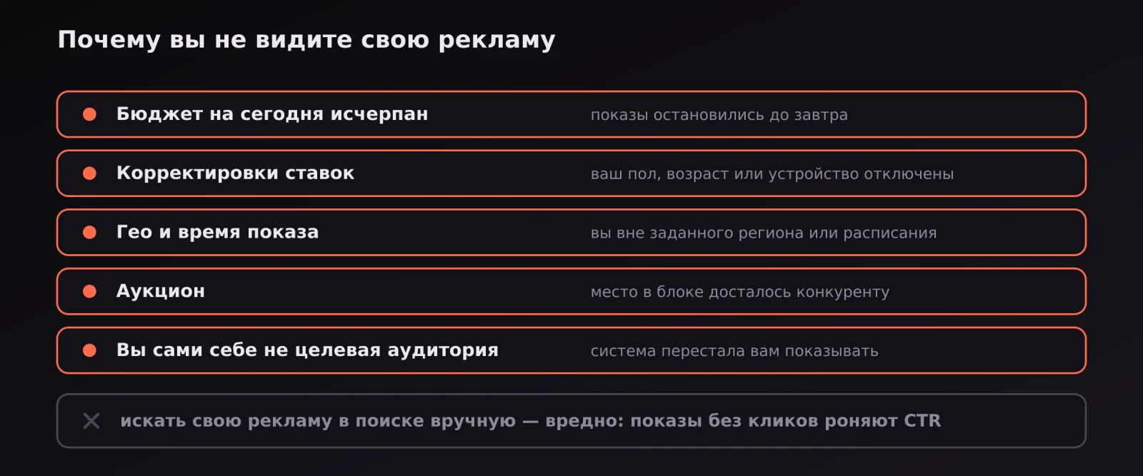 Причины, по которым рекламодатель не видит своё объявление: бюджет, корректировки, гео, аукцион, персонализация