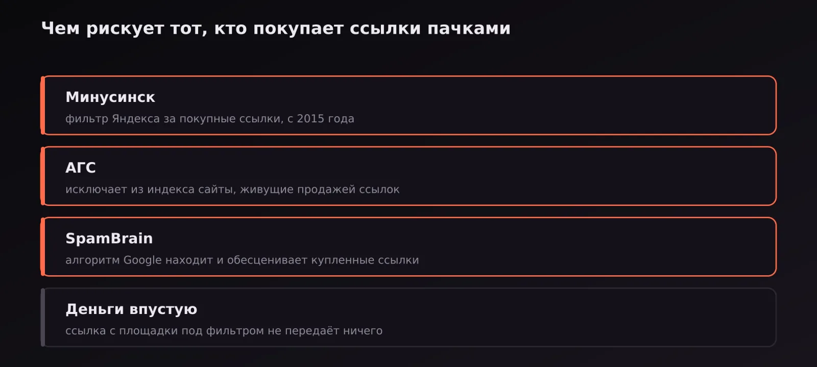 Риски массовой закупки ссылок: Минусинск, АГС, SpamBrain и потерянные деньги
